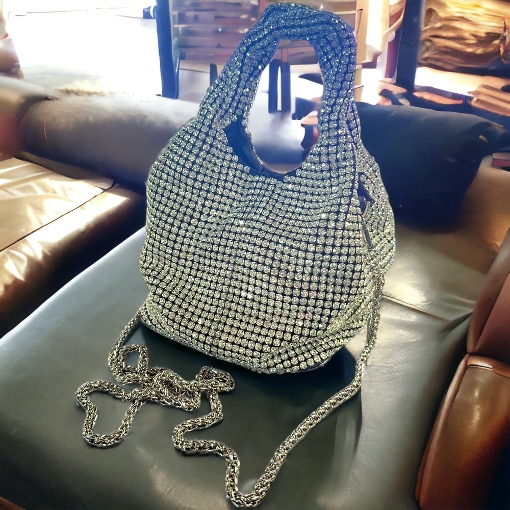 NEW Sparkly Clear Crystal Top Handle Square Bottom Mini Bag w Silver Chain Strap